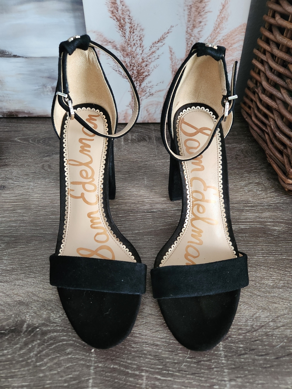 Sam Edelman Black Suede Ankle-Strap Block Heels